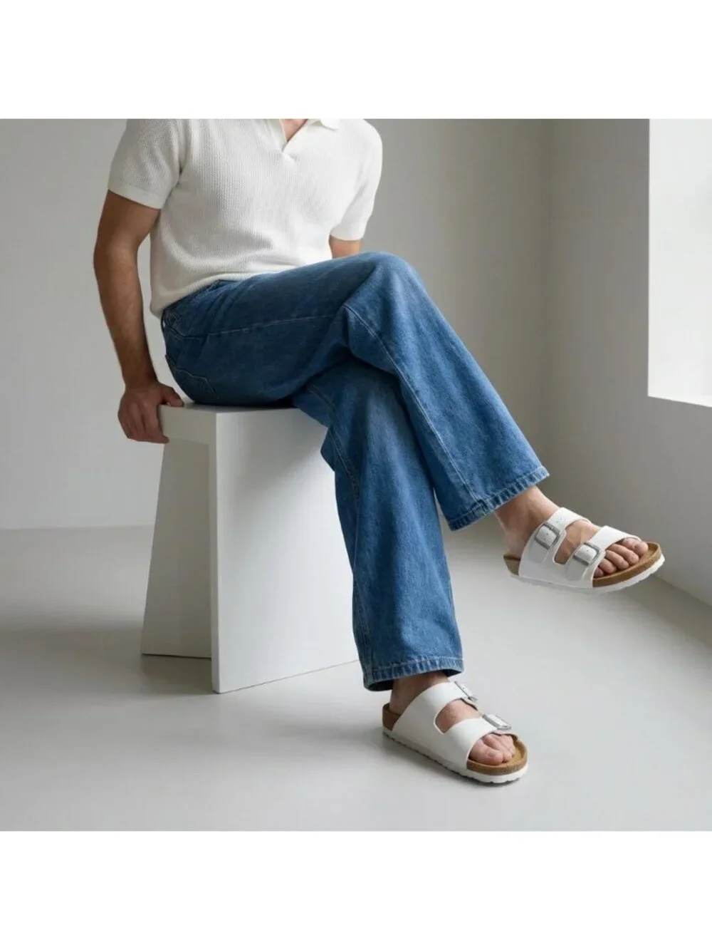 Men's White Lane Cork Footbed Sandals Adjustable Buckle Comfort Slides